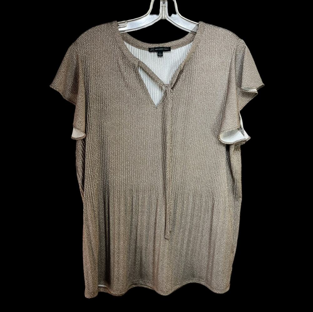 Adriana Papell Blouse Top Women's Large Tie Neck Flutter Sleeve Tan White Dotted